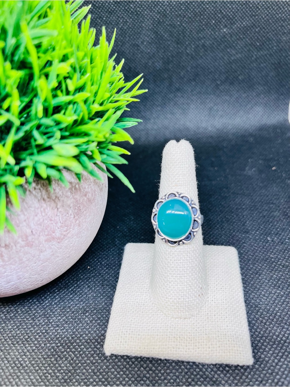 Beautiful Green Onyx Ring. Looks blue in pictures but is truly green.